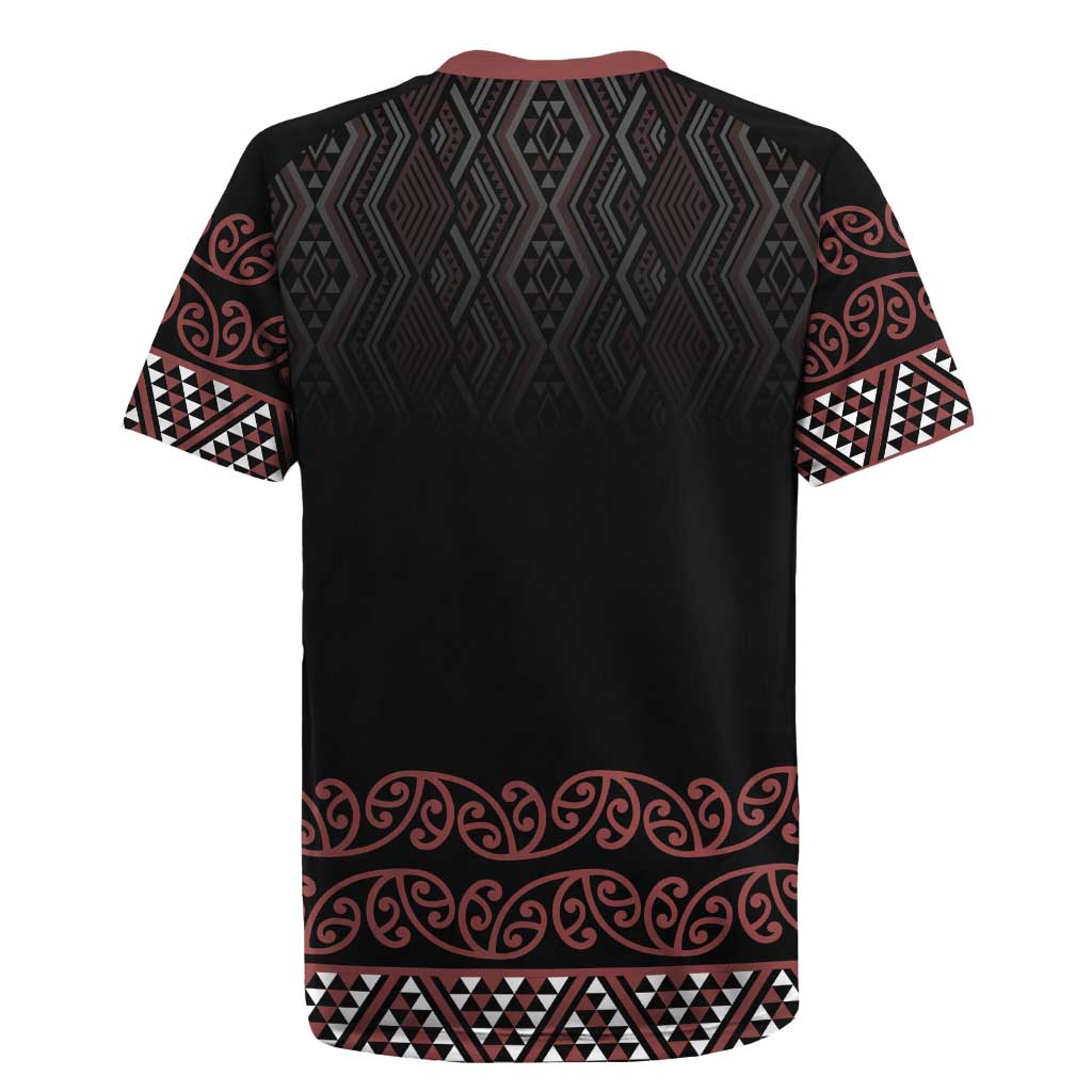 Maori Taniko Patterns Rugby Jersey Brown Niho Taniwha Mix Paatiki Motifs