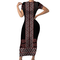 Maori Taniko Patterns Short Sleeve Bodycon Dress Brown Niho Taniwha Mix Paatiki Motifs