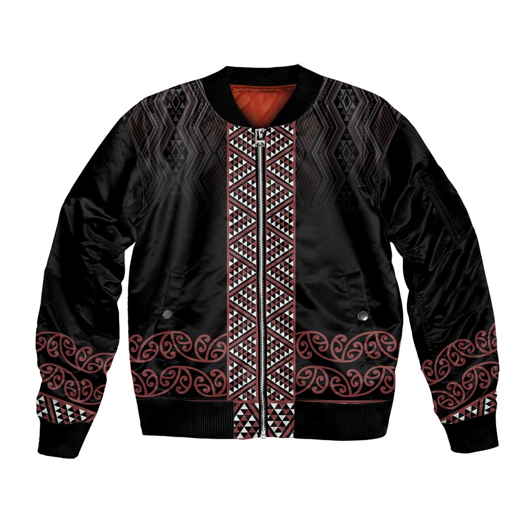 Maori Taniko Patterns Sleeve Zip Bomber Jacket Brown Niho Taniwha Mix Paatiki Motifs