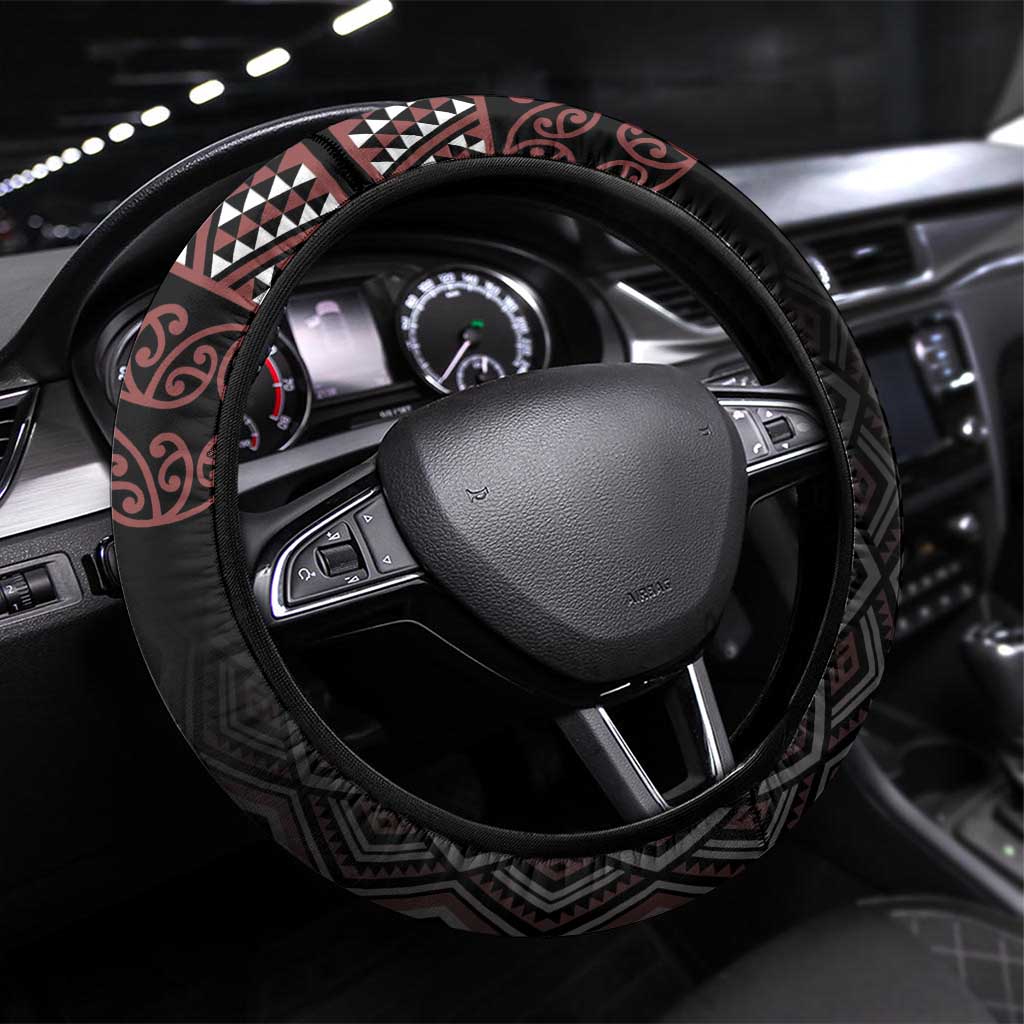 Maori Taniko Patterns Steering Wheel Cover Brown Niho Taniwha Mix Paatiki Motifs LT7 Universal Fit Brown - Polynesian Pride