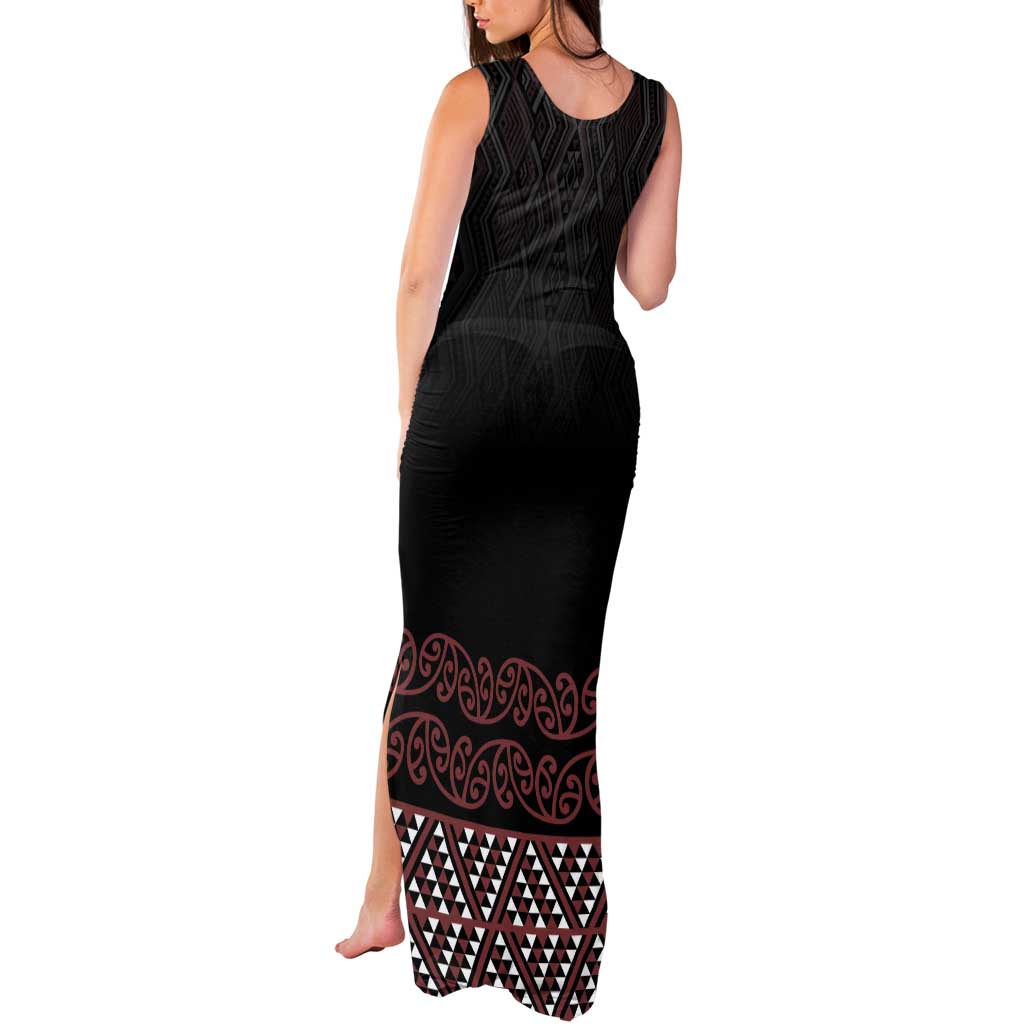 Maori Taniko Patterns Tank Maxi Dress Brown Niho Taniwha Mix Paatiki Motifs