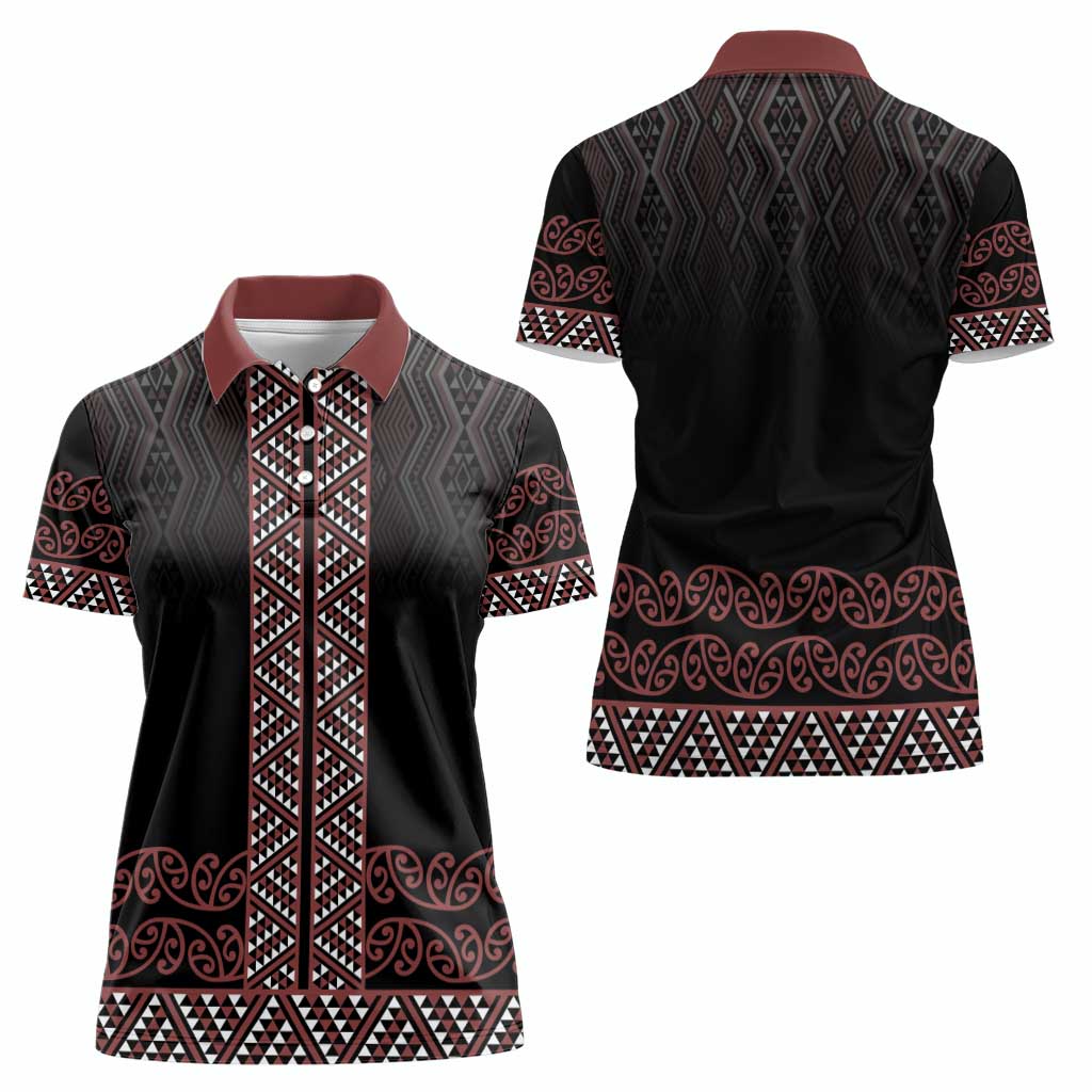 Maori Taniko Patterns Women Polo Shirt Brown Niho Taniwha Mix Paatiki Motifs