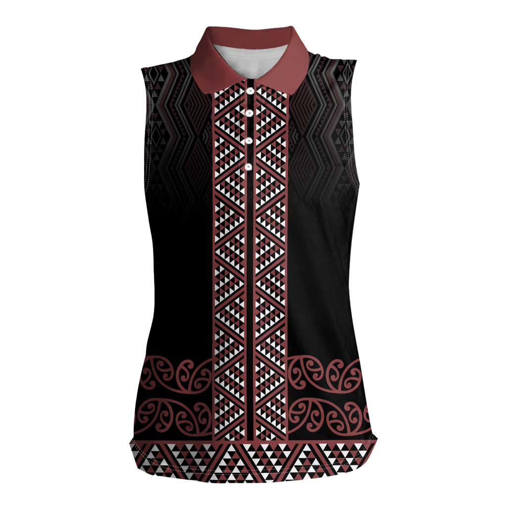 Maori Taniko Patterns Women Sleeveless Polo Shirt Brown Niho Taniwha Mix Paatiki Motifs