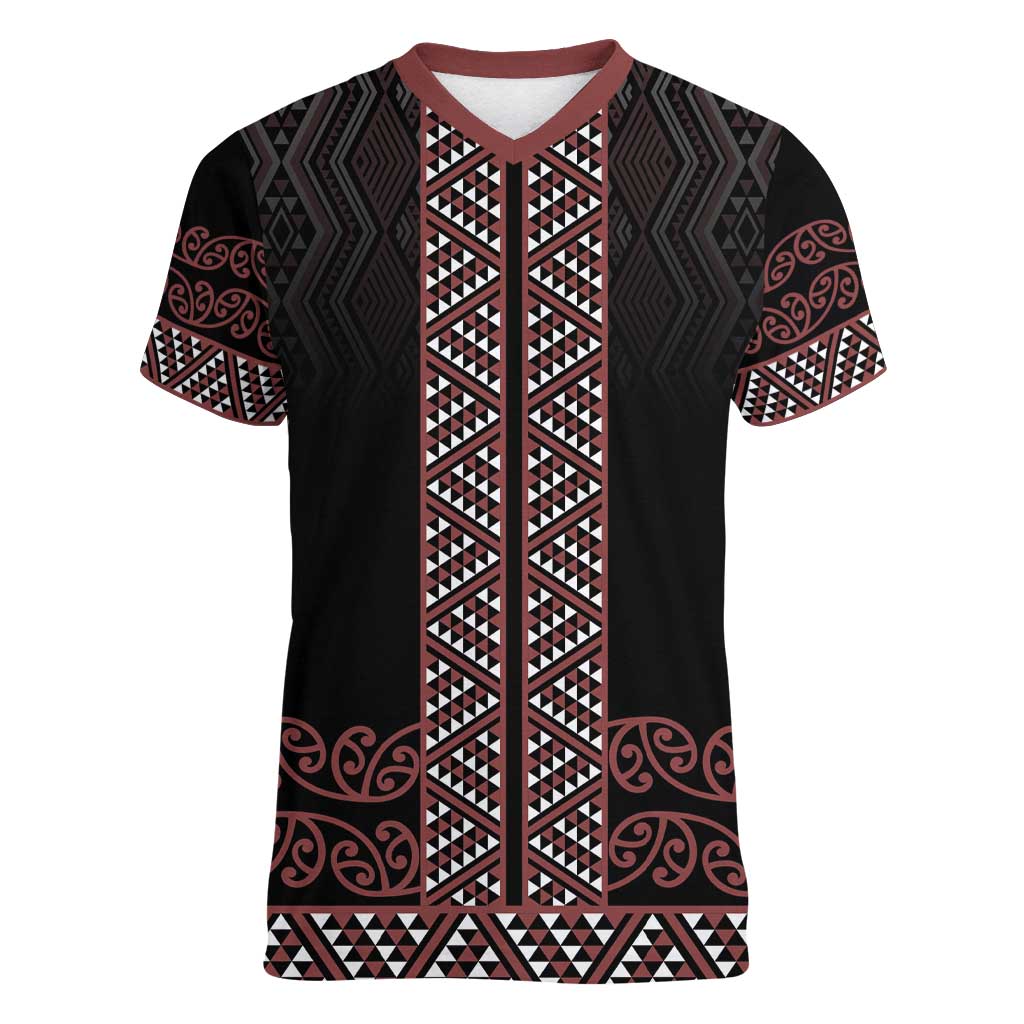 Maori Taniko Patterns Women V-Neck T-Shirt Brown Niho Taniwha Mix Paatiki Motifs