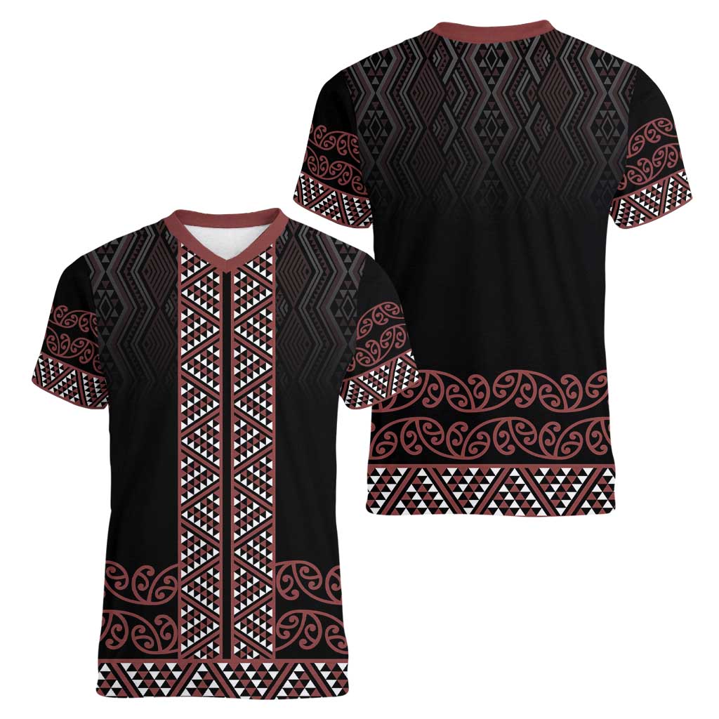 Maori Taniko Patterns Women V-Neck T-Shirt Brown Niho Taniwha Mix Paatiki Motifs