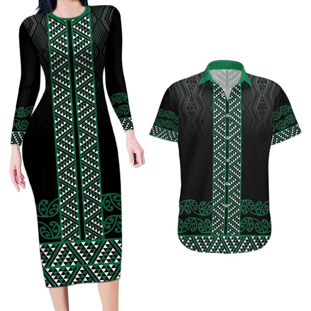 Maori Taniko Patterns Couples Matching Long Sleeve Bodycon Dress and Hawaiian Shirt Pounamu Niho Taniwha Mix Paatiki Motifs