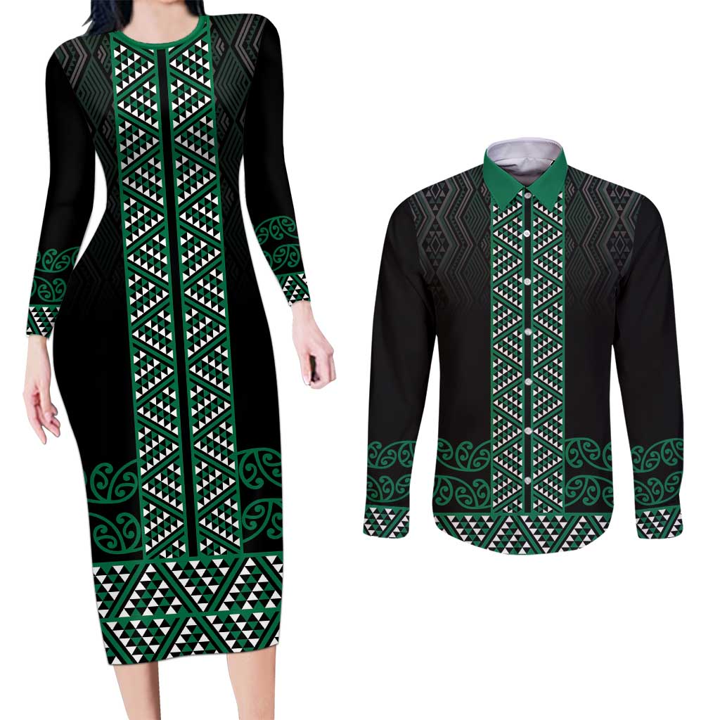 Maori Taniko Patterns Couples Matching Long Sleeve Bodycon Dress and Long Sleeve Button Shirt Pounamu Niho Taniwha Mix Paatiki Motifs