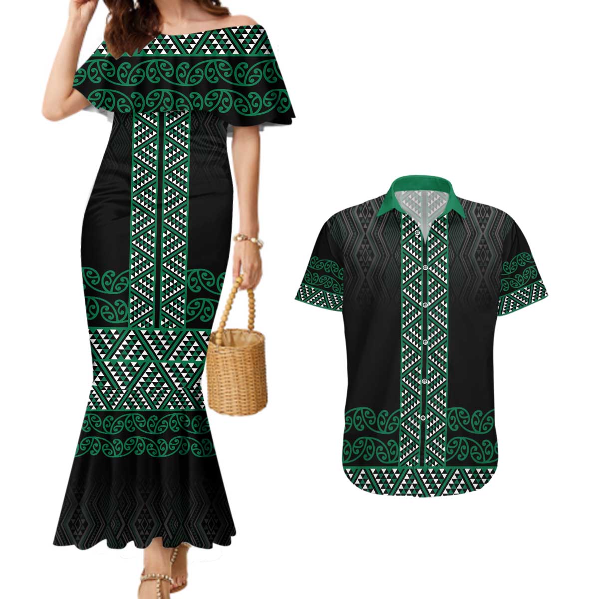 Maori Taniko Patterns Couples Matching Mermaid Dress and Hawaiian Shirt Pounamu Niho Taniwha Mix Paatiki Motifs
