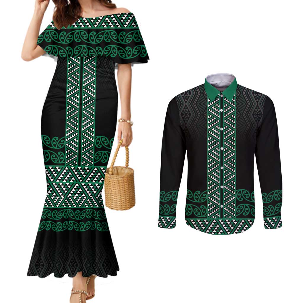 Maori Taniko Patterns Couples Matching Mermaid Dress and Long Sleeve Button Shirt Pounamu Niho Taniwha Mix Paatiki Motifs
