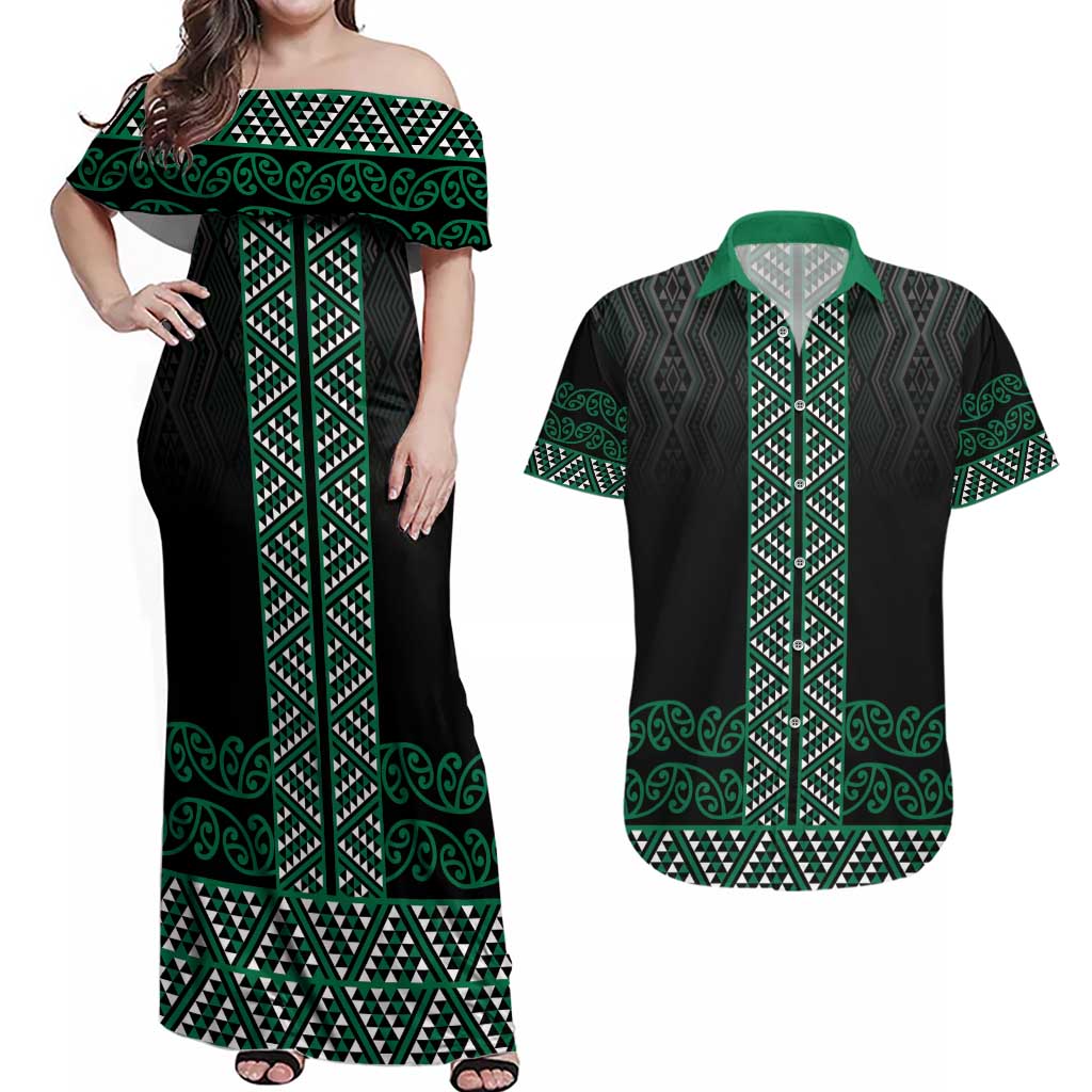 Maori Taniko Patterns Couples Matching Off Shoulder Maxi Dress and Hawaiian Shirt Pounamu Niho Taniwha Mix Paatiki Motifs