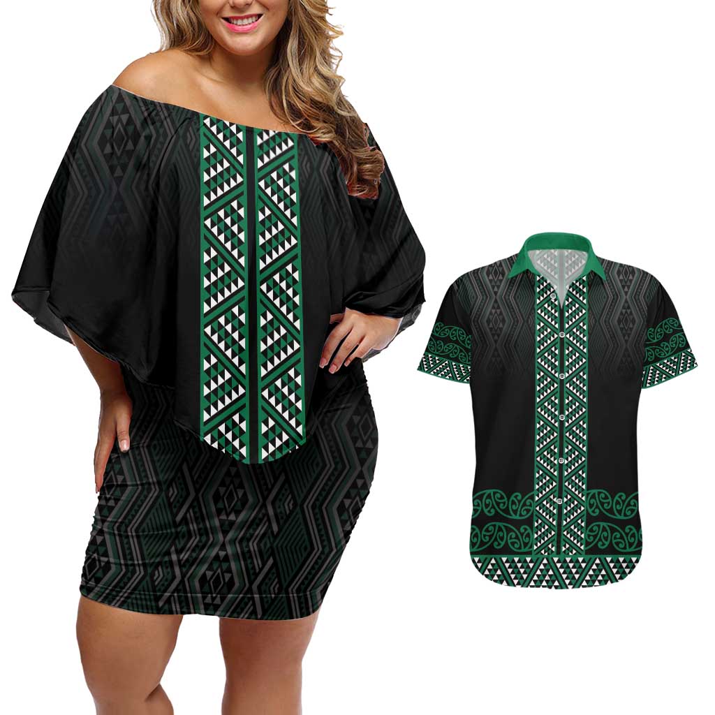 Maori Taniko Patterns Couples Matching Off Shoulder Short Dress and Hawaiian Shirt Pounamu Niho Taniwha Mix Paatiki Motifs