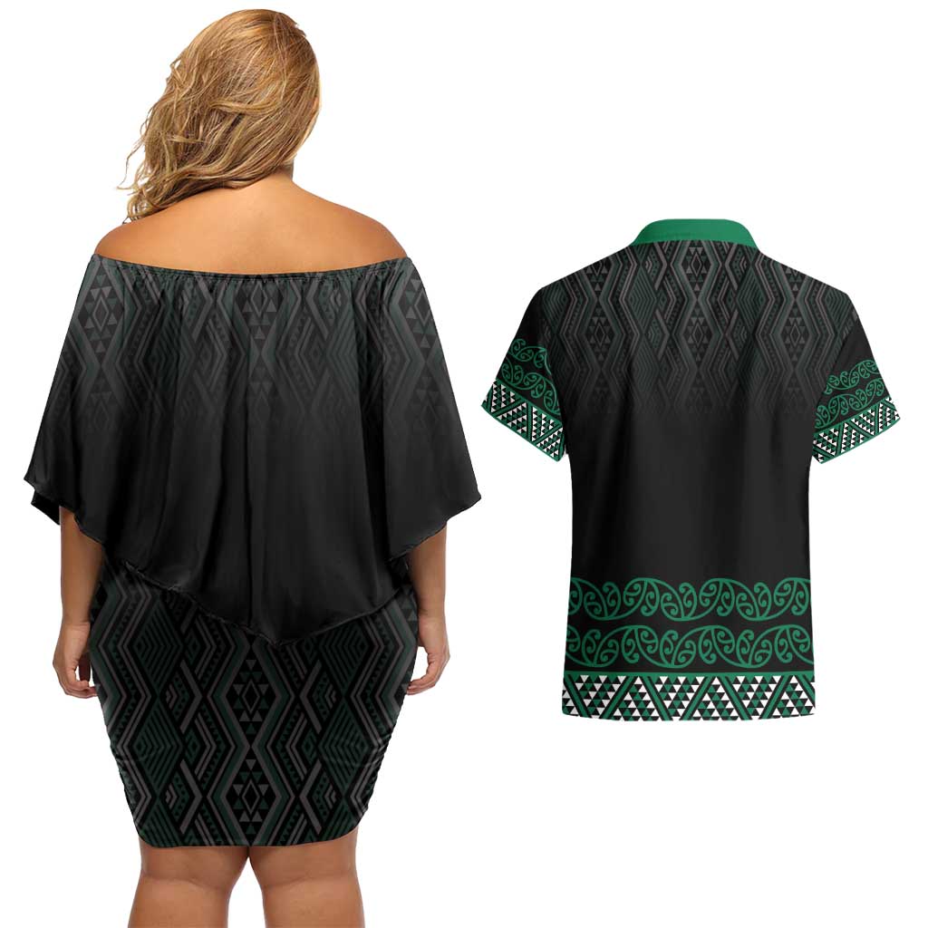Maori Taniko Patterns Couples Matching Off Shoulder Short Dress and Hawaiian Shirt Pounamu Niho Taniwha Mix Paatiki Motifs LT7 - Polynesian Pride