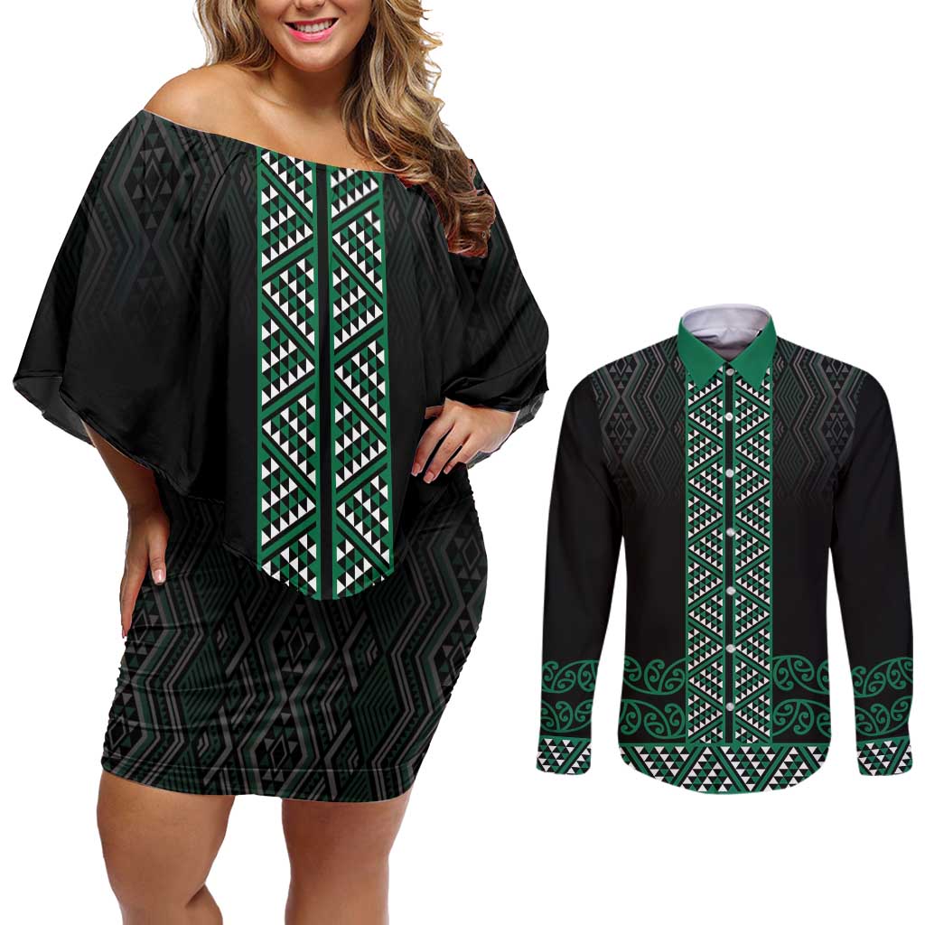 Maori Taniko Patterns Couples Matching Off Shoulder Short Dress and Long Sleeve Button Shirt Pounamu Niho Taniwha Mix Paatiki Motifs