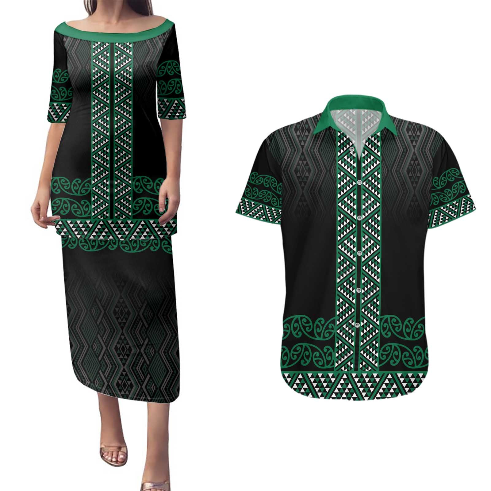 Maori Taniko Patterns Couples Matching Puletasi and Hawaiian Shirt Pounamu Niho Taniwha Mix Paatiki Motifs