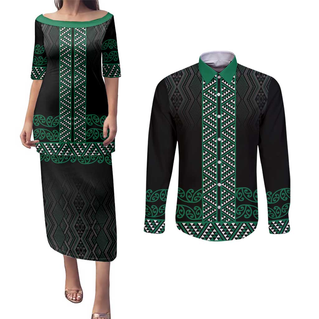 Maori Taniko Patterns Couples Matching Puletasi and Long Sleeve Button Shirt Pounamu Niho Taniwha Mix Paatiki Motifs