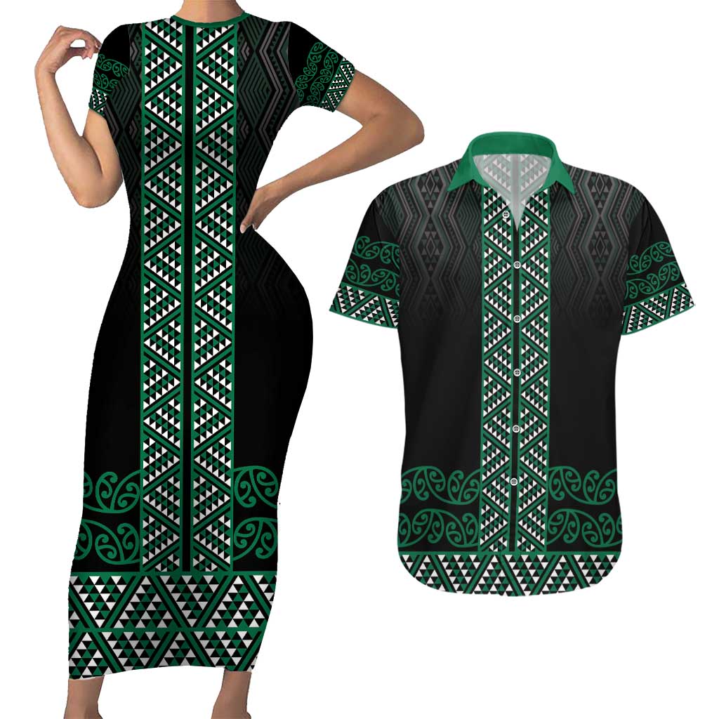 Maori Taniko Patterns Couples Matching Short Sleeve Bodycon Dress and Hawaiian Shirt Pounamu Niho Taniwha Mix Paatiki Motifs
