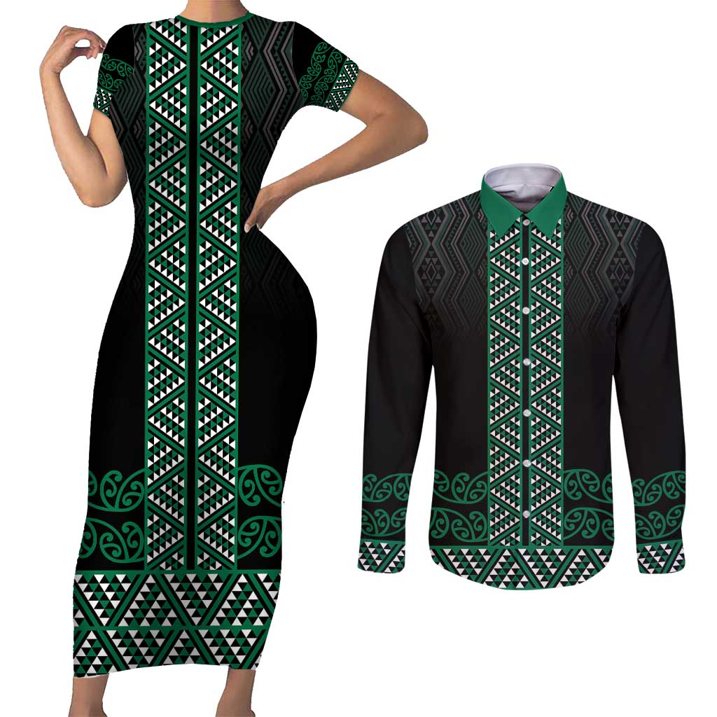 Maori Taniko Patterns Couples Matching Short Sleeve Bodycon Dress and Long Sleeve Button Shirt Pounamu Niho Taniwha Mix Paatiki Motifs