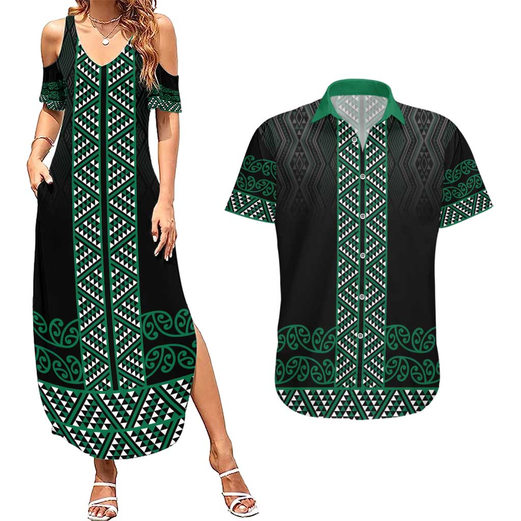 Maori Taniko Patterns Couples Matching Summer Maxi Dress and Hawaiian Shirt Pounamu Niho Taniwha Mix Paatiki Motifs