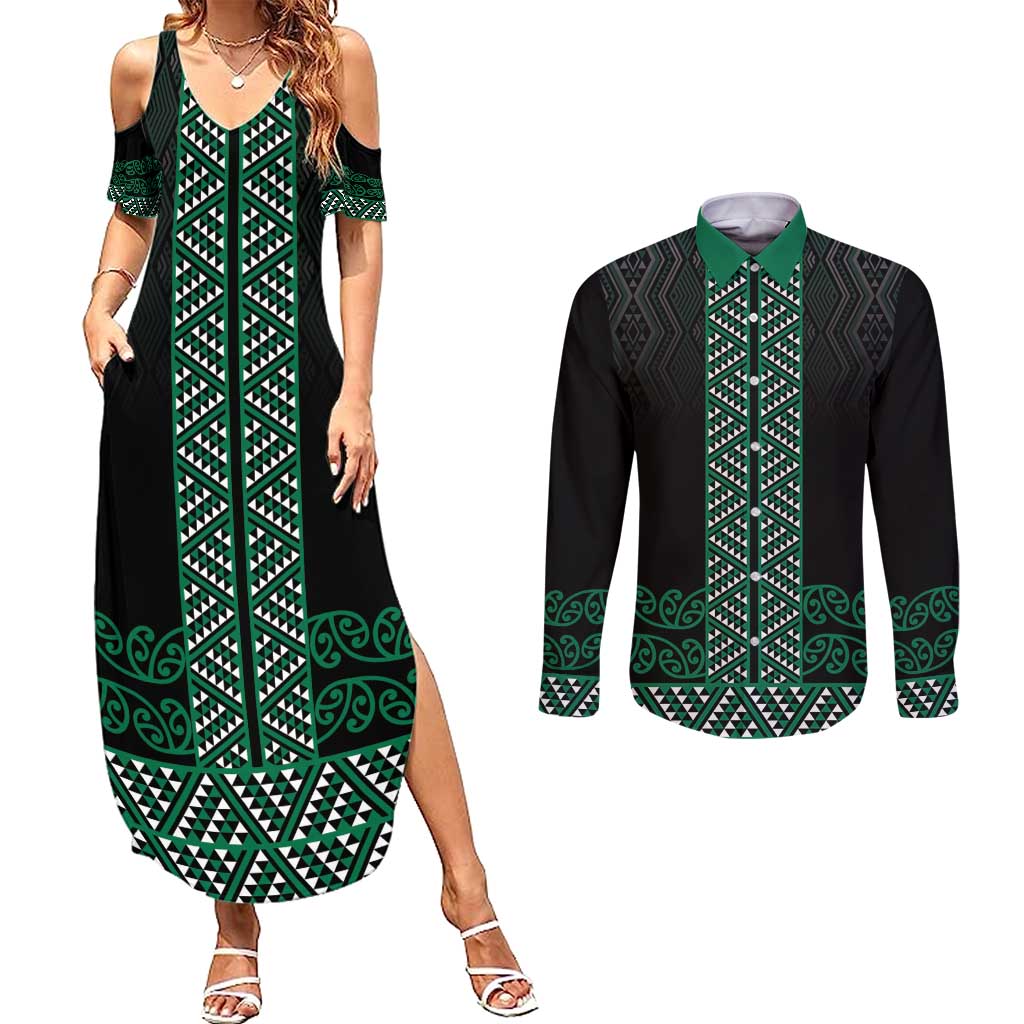 Maori Taniko Patterns Couples Matching Summer Maxi Dress and Long Sleeve Button Shirt Pounamu Niho Taniwha Mix Paatiki Motifs