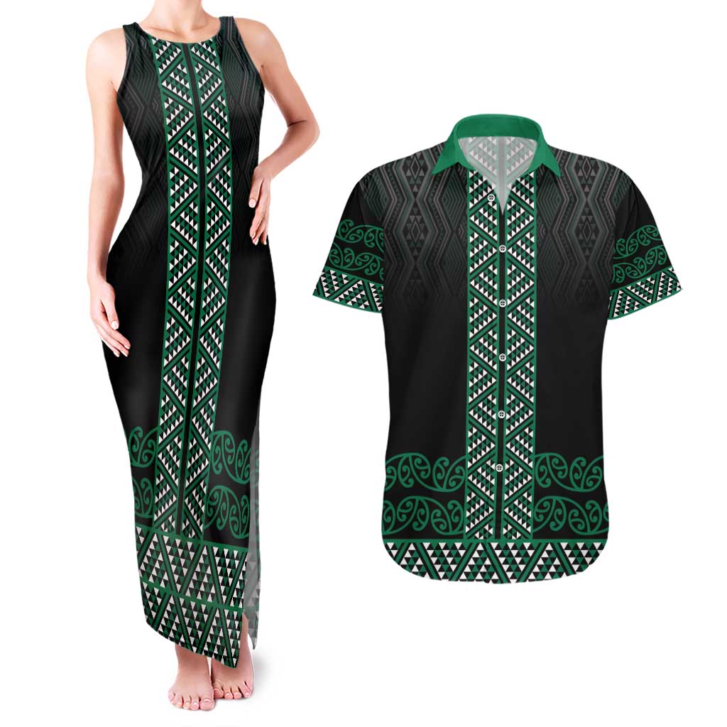 Maori Taniko Patterns Couples Matching Tank Maxi Dress and Hawaiian Shirt Pounamu Niho Taniwha Mix Paatiki Motifs