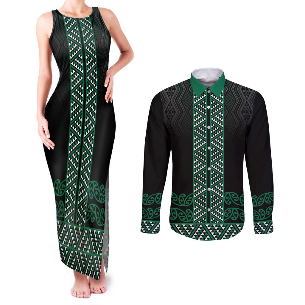 Maori Taniko Patterns Couples Matching Tank Maxi Dress and Long Sleeve Button Shirt Pounamu Niho Taniwha Mix Paatiki Motifs
