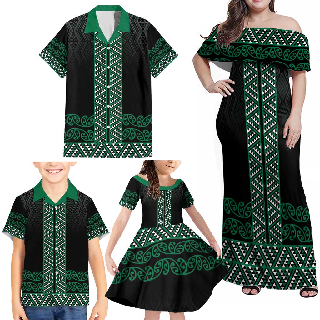 Maori Taniko Patterns Family Matching Off Shoulder Maxi Dress and Hawaiian Shirt Pounamu Niho Taniwha Mix Paatiki Motifs LT7 - Polynesian Pride