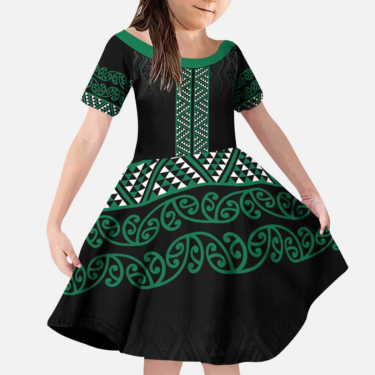 Maori Taniko Patterns Kid Short Sleeve Dress Pounamu Niho Taniwha Mix Paatiki Motifs LT7 KID Green - Polynesian Pride