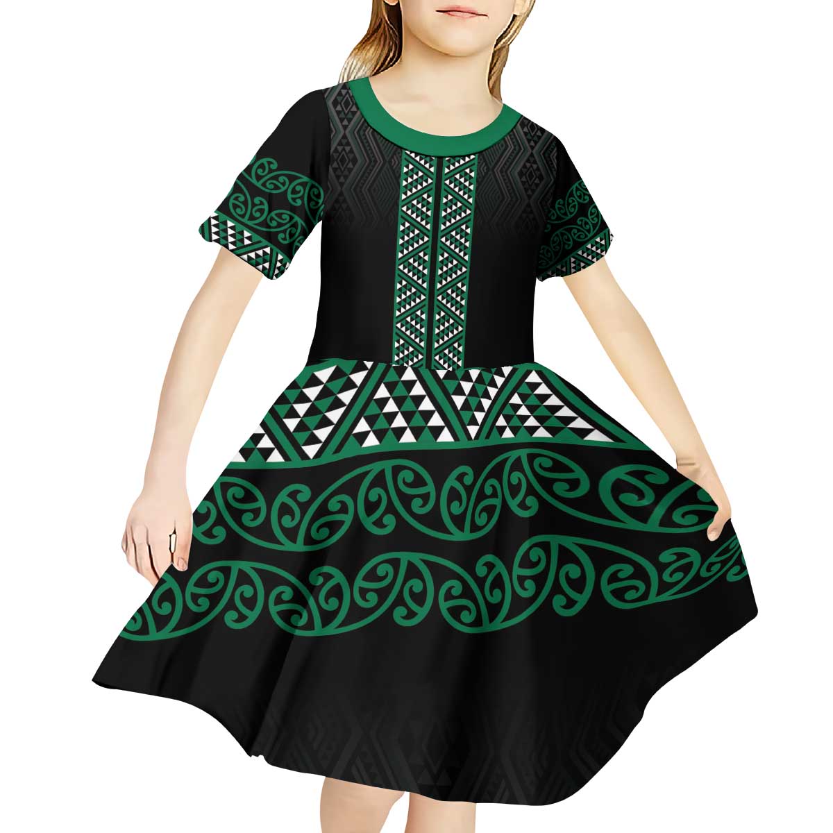 Maori Taniko Patterns Kid Short Sleeve Dress Pounamu Niho Taniwha Mix Paatiki Motifs LT7 - Polynesian Pride