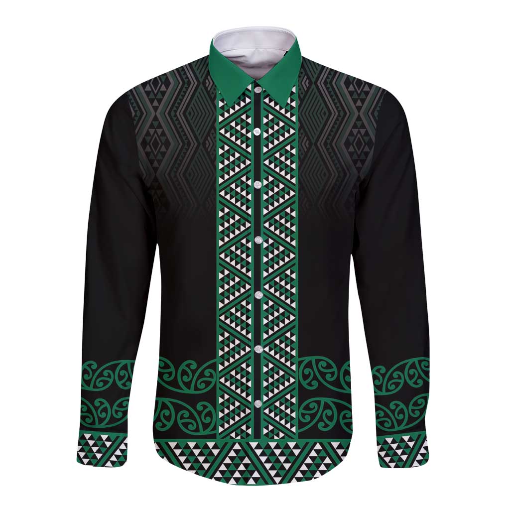 Maori Taniko Patterns Long Sleeve Button Shirt Pounamu Niho Taniwha Mix Paatiki Motifs LT7 Unisex Green - Polynesian Pride