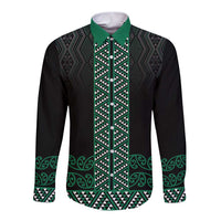 Maori Taniko Patterns Long Sleeve Button Shirt Pounamu Niho Taniwha Mix Paatiki Motifs LT7 Unisex Green - Polynesian Pride