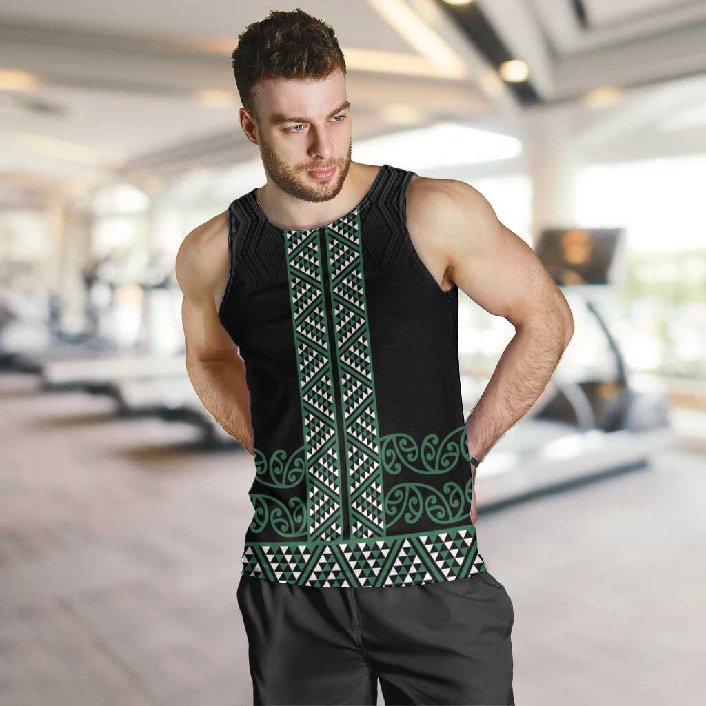 Maori Taniko Patterns Men Tank Top Pounamu Niho Taniwha Mix Paatiki Motifs LT7 Green - Polynesian Pride