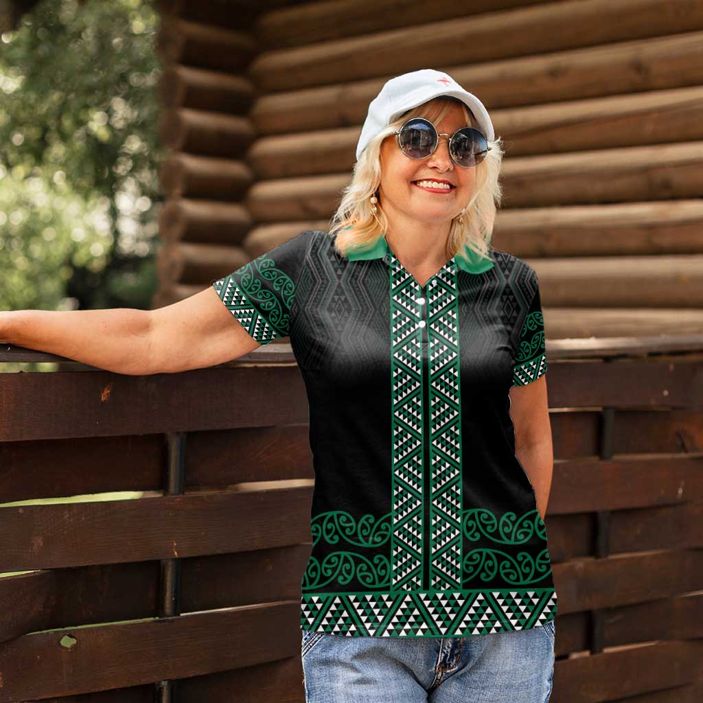 Maori Taniko Patterns Women Polo Shirt Pounamu Niho Taniwha Mix Paatiki Motifs