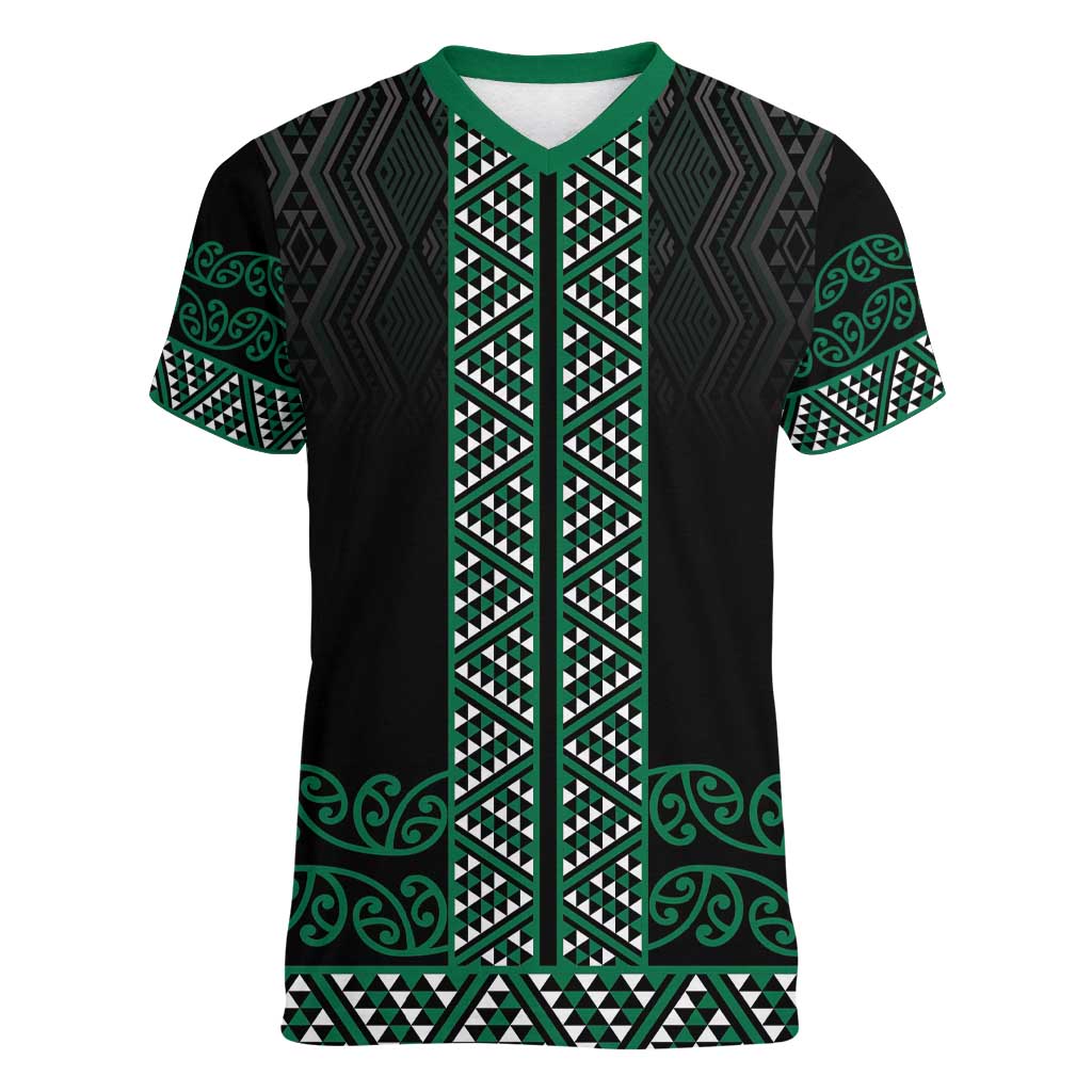 Maori Taniko Patterns Women V-Neck T-Shirt Pounamu Niho Taniwha Mix Paatiki Motifs