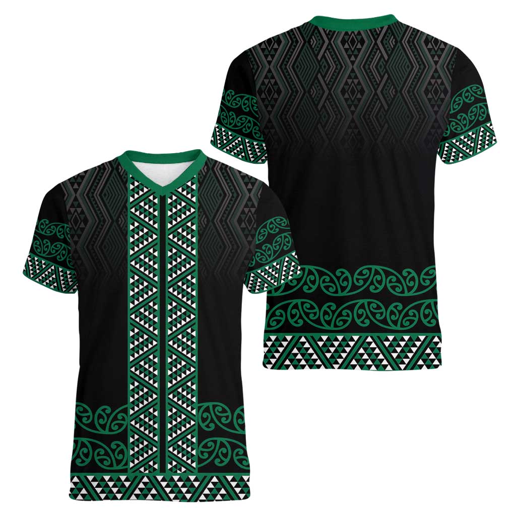 Maori Taniko Patterns Women V-Neck T-Shirt Pounamu Niho Taniwha Mix Paatiki Motifs