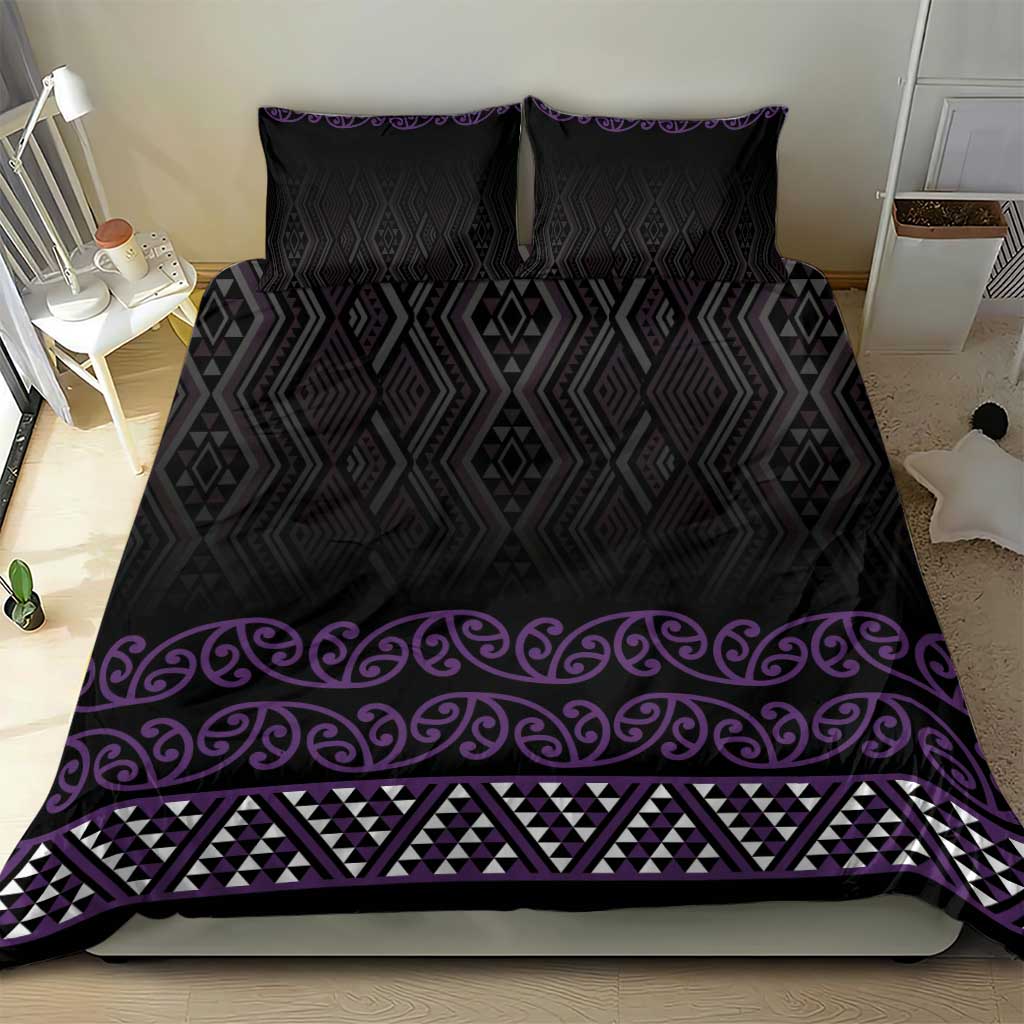 Maori Taniko Patterns Bedding Set Purple Niho Taniwha Mix Paatiki Motifs