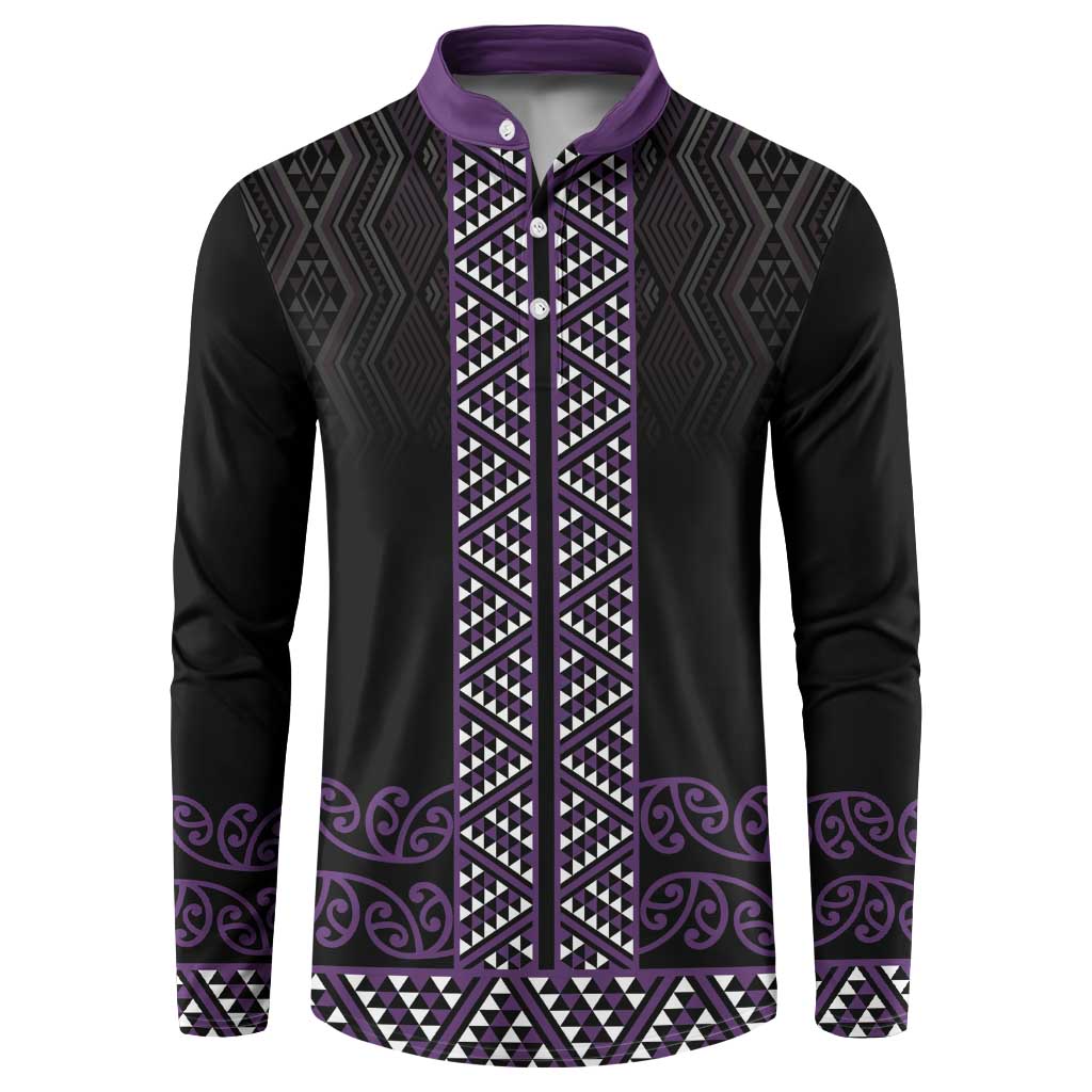 Maori Taniko Patterns Button Sweatshirt Purple Niho Taniwha Mix Paatiki Motifs