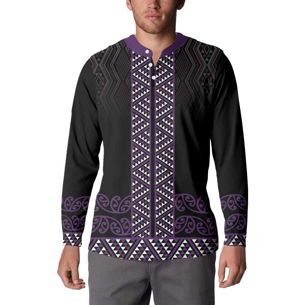 Maori Taniko Patterns Button Sweatshirt Purple Niho Taniwha Mix Paatiki Motifs LT7 - Polynesian Pride
