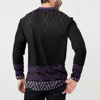 Maori Taniko Patterns Button Sweatshirt Purple Niho Taniwha Mix Paatiki Motifs LT7 - Polynesian Pride