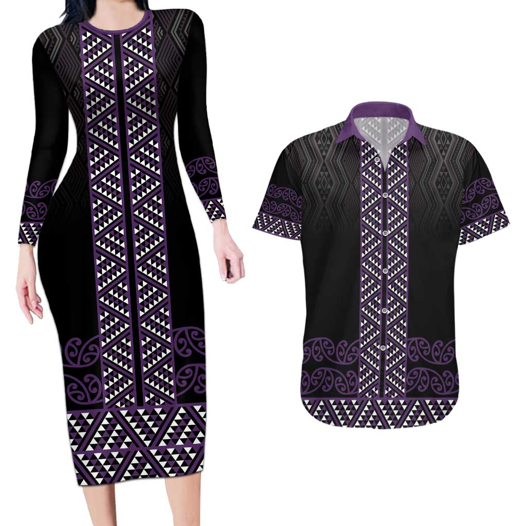 Maori Taniko Patterns Couples Matching Long Sleeve Bodycon Dress and Hawaiian Shirt Purple Niho Taniwha Mix Paatiki Motifs