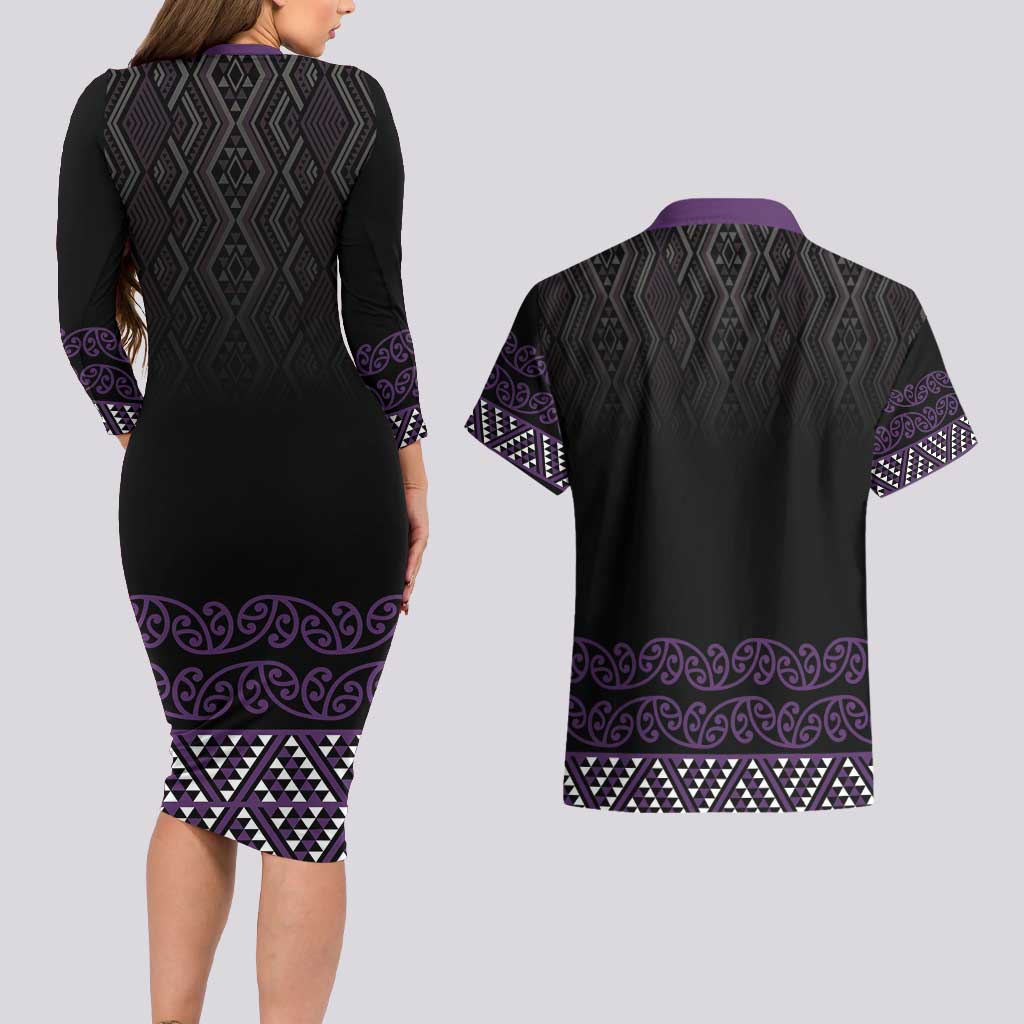 Maori Taniko Patterns Couples Matching Long Sleeve Bodycon Dress and Hawaiian Shirt Purple Niho Taniwha Mix Paatiki Motifs