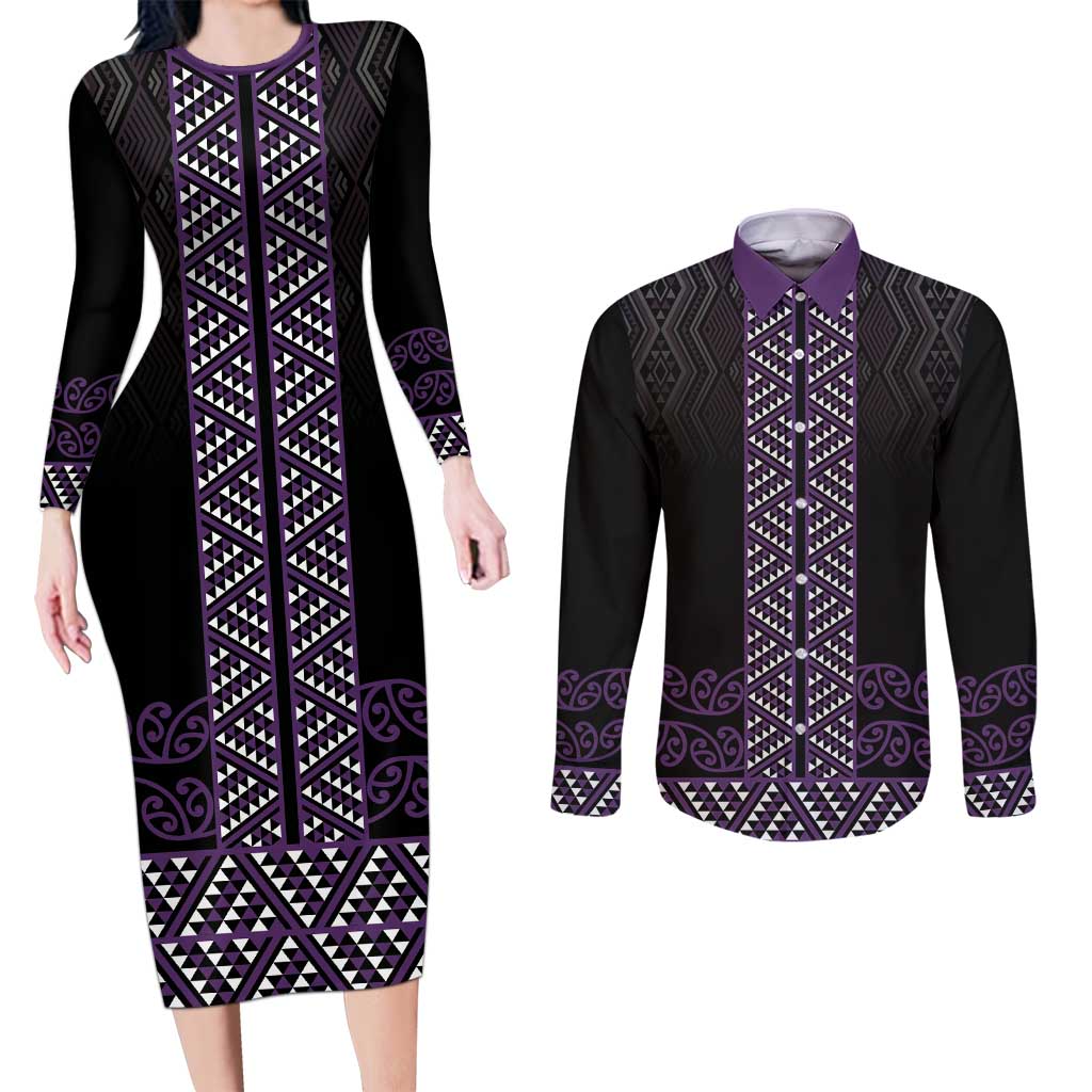 Maori Taniko Patterns Couples Matching Long Sleeve Bodycon Dress and Long Sleeve Button Shirt Purple Niho Taniwha Mix Paatiki Motifs
