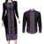 Maori Taniko Patterns Couples Matching Long Sleeve Bodycon Dress and Long Sleeve Button Shirt Purple Niho Taniwha Mix Paatiki Motifs