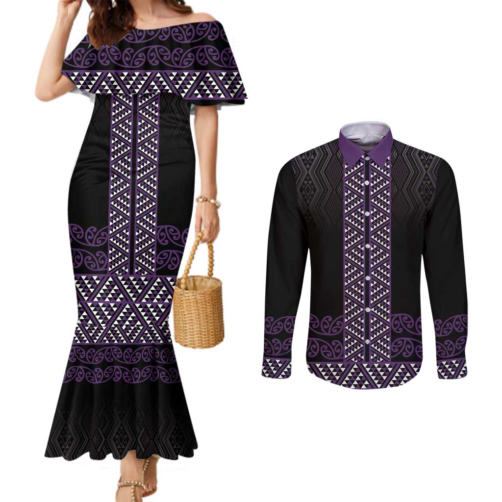 Maori Taniko Patterns Couples Matching Mermaid Dress and Long Sleeve Button Shirt Purple Niho Taniwha Mix Paatiki Motifs