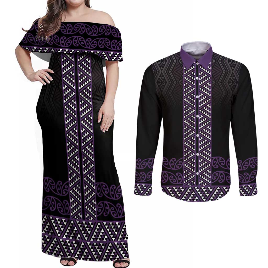 Maori Taniko Patterns Couples Matching Off Shoulder Maxi Dress and Long Sleeve Button Shirt Purple Niho Taniwha Mix Paatiki Motifs