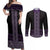 Maori Taniko Patterns Couples Matching Off Shoulder Maxi Dress and Long Sleeve Button Shirt Purple Niho Taniwha Mix Paatiki Motifs