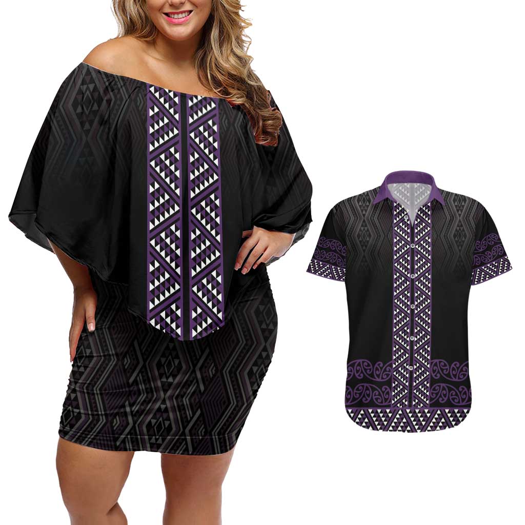 Maori Taniko Patterns Couples Matching Off Shoulder Short Dress and Hawaiian Shirt Purple Niho Taniwha Mix Paatiki Motifs