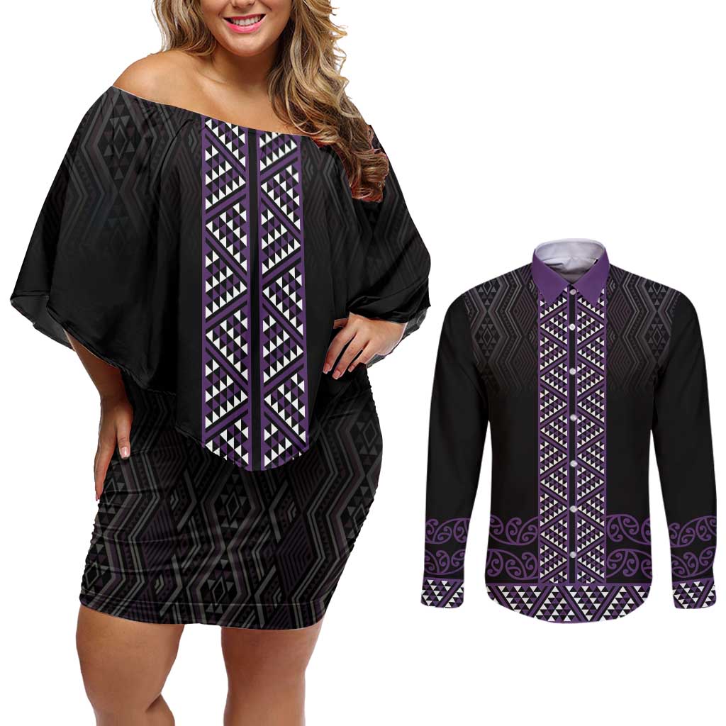 Maori Taniko Patterns Couples Matching Off Shoulder Short Dress and Long Sleeve Button Shirt Purple Niho Taniwha Mix Paatiki Motifs
