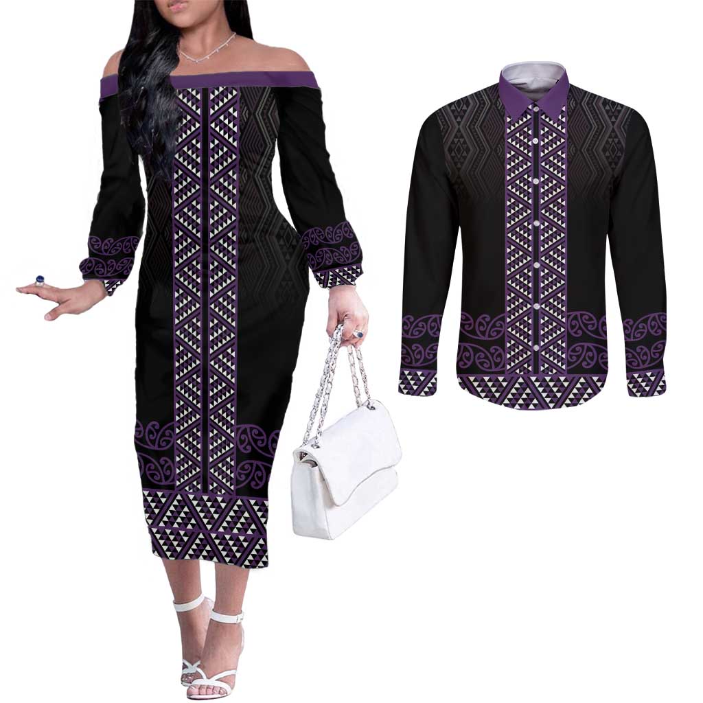 Maori Taniko Patterns Couples Matching Off The Shoulder Long Sleeve Dress and Long Sleeve Button Shirt Purple Niho Taniwha Mix Paatiki Motifs