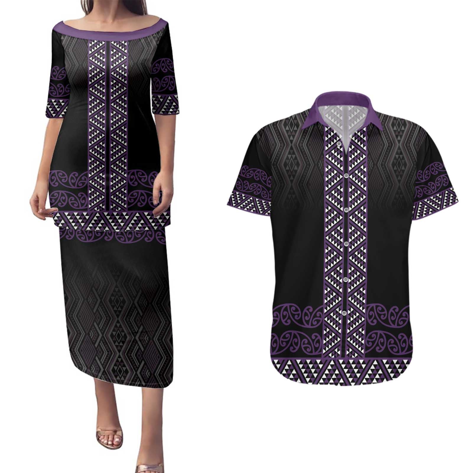Maori Taniko Patterns Couples Matching Puletasi and Hawaiian Shirt Purple Niho Taniwha Mix Paatiki Motifs
