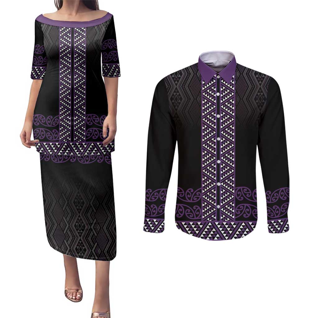 Maori Taniko Patterns Couples Matching Puletasi and Long Sleeve Button Shirt Purple Niho Taniwha Mix Paatiki Motifs